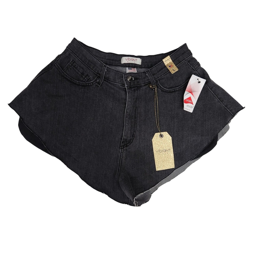 Vibrant MIU Womens Black Denim Tulip Shorts Raw Hem High Waist NWT Size L